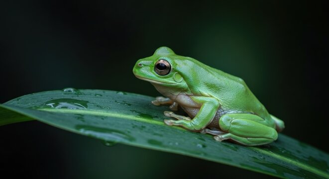 Bright green tree frog perched on a wet leaf against a blurred, dark background