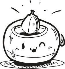 Cutesy hand drawn vector doodle illustration depicting a charming kawaii pot character holding a single growing seed or bulb, symbolizing botany, care, and joyful natural growth