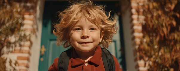Smiling child in autumn setting with colorful shirt and playful hair outdoors