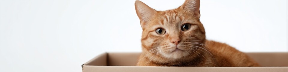 Orange tabby cat relaxing inside a cardboard box on a white background