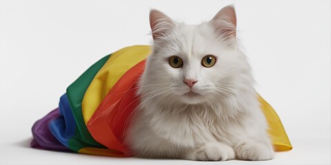 Fluffy white cat wrapped in colorful lgbtq+ pride flag on white background