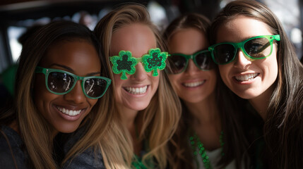 Group of women celebrating St. Patrick's Day with green accessories. Shamrock sunglasses party