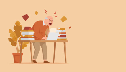 Stressed senior man screams at his laptop over work overload and digital frustration
