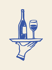 Wine bottle and glass on serving tray naive sketch vector illustration