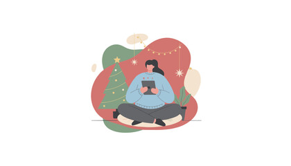 Woman using tablet for virtual Christmas call by decorated tree Cozy festive tech concept