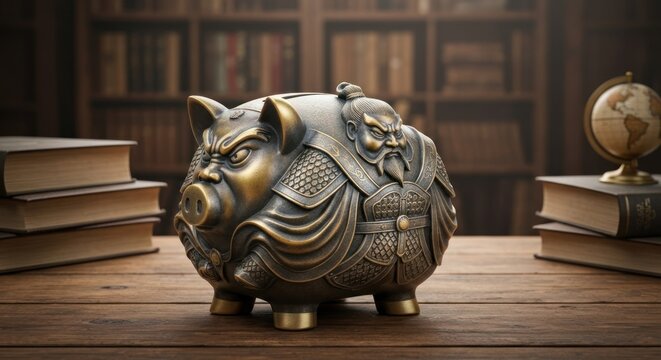 Bronze pig warrior piggy bank on wooden desk with books and globe behind