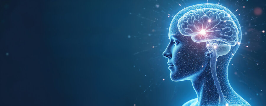 Digital human head profile shows glowing brain with neural network connections. Futuristic concept of artificial intelligence and consciousness.