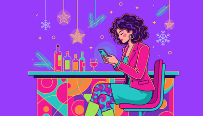 Woman uses phone at a festive neon bar Holiday party networking