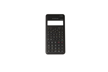 Full studio product shot of a black scientific calculator placed on a pure white background. The composition clearly displays the device body, digital screen, keypad, mathematical functions Isolated.