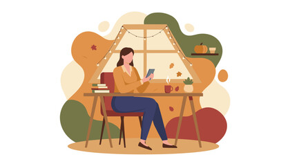Woman using phone at desk in a cozy fall home office Autumn workspace and remote lifestyle