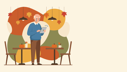 Lonely senior man crying while using a tablet in a cafe decorated for autumn Sadness and technology
