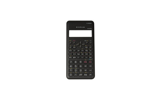 Full studio product shot of a black scientific calculator placed on a pure white background. The composition clearly displays the device body, digital screen, keypad, mathematical functions Isolated. - Powered by Adobe