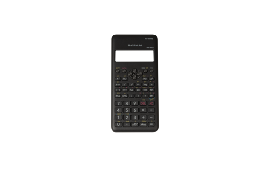 Full studio product shot of a black scientific calculator placed on a pure white background. The composition clearly displays the device body, digital screen, keypad, mathematical functions Isolated.