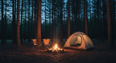 Camping at night; tent glows near fire, two chairs facing it in the dark woods