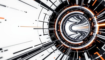 A futuristic holographic interface with vibrant graphics and abstract digital elements, set against a gray backdrop.