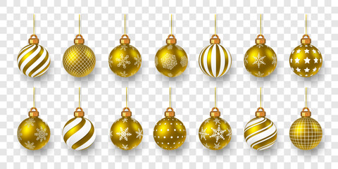Golden Christmas Balls Set With Shiny Decorations, Snowflakes, Stars And Stripes On Transparent Background. Elegant Holiday Design Element. Vector Illustration