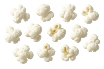 Popcorn falling or flying, delicious fresh salty snack for cinema and movie night with transparent background