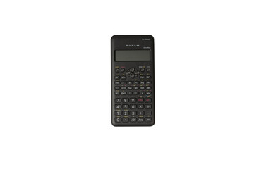 Full studio product shot of a black scientific calculator placed on a pure white background. The composition clearly displays the device body, digital screen, keypad, mathematical functions Isolated.