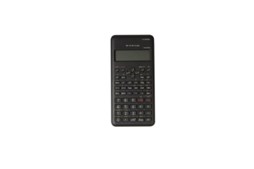 Full studio product shot of a black scientific calculator placed on a pure white background. The composition clearly displays the device body, digital screen, keypad, mathematical functions Isolated.