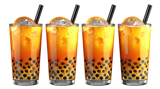 Four glasses of orange juice are adorned with black dots each glass contains fresh orange juice speckled with dark spots - Powered by Adobe