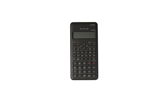 Full studio product shot of a black scientific calculator placed on a pure white background. The composition clearly displays the device body, digital screen, keypad, mathematical functions Isolated.