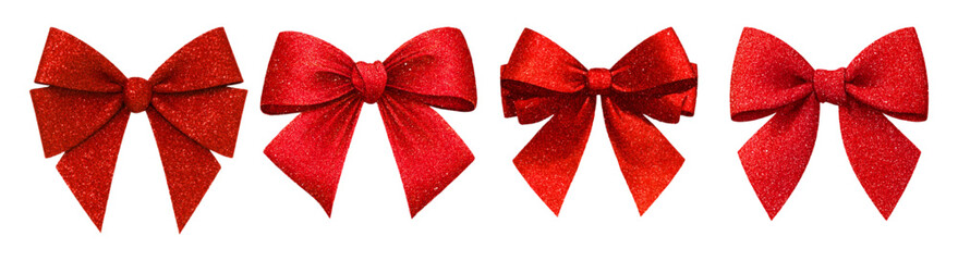 Set of festive red bows with glitter. Watercolor chevron bows in shining sparkles. Festive and solemn decor elements. Shining bows for Christmas, birthday, etc.
