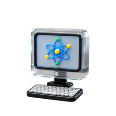 3D Rendered Transparent Textured Vintage Computer (With Keyboard) Displaying Atom Model (Blue Orbits, Yellow Nucleus, Green & Yellow Electrons) &ndash; For Science Education & Technology Visual Concept