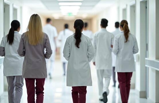 Medical staff walk down bright hospital corridor. Doctors and nurses in white coats move through clinic hallway. Healthcare professionals stride together.