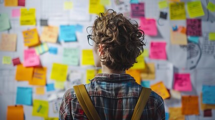 Young woman with curly hair looks at a wall covered in colorful sticky notes, brainstorming ideas
