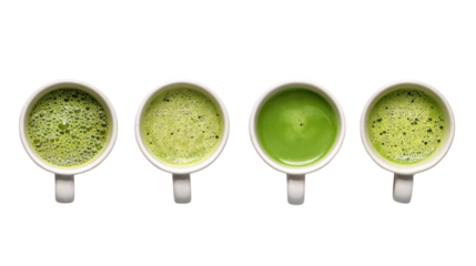 Four green tea cups are presented neatly fresh green tea is served in four ceramic cups