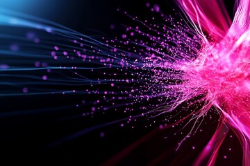 Naklejka premium Abstract glowing particles emanate vibrant colors against a dark background, resembling data streams and energy flow.