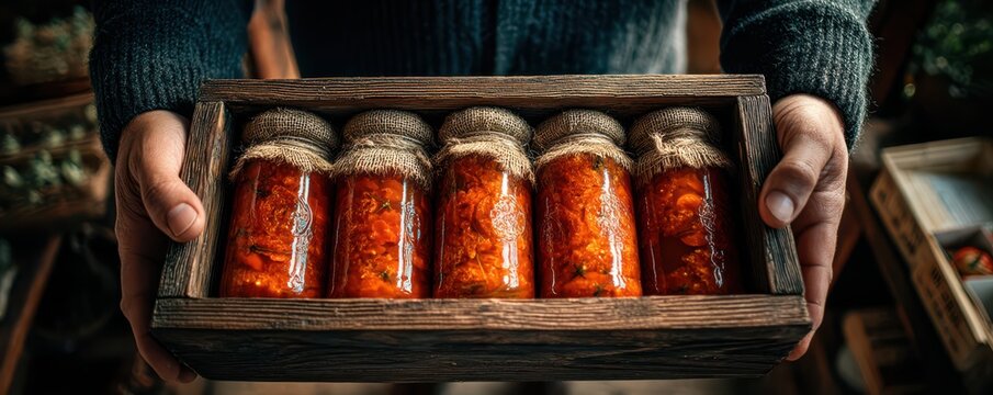 Hands holding jars of preserved food in rustic wooden crate