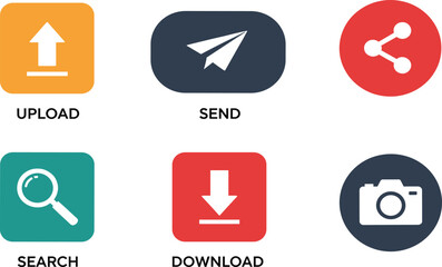 Digital action icon set, colorful buttons with upload, send, share, search, download, and photo symbols for app UI templates