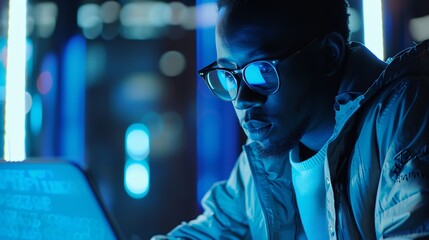 Closeup of a man wearing glasses working on a laptop in a neonlit environment