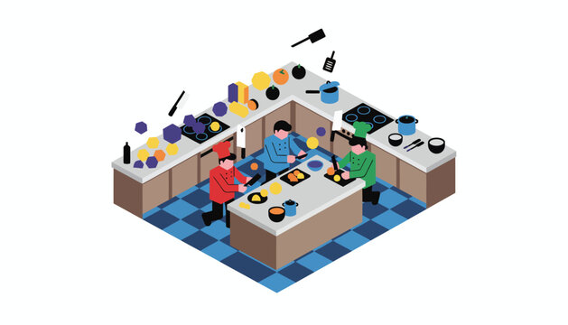 An isometric kitchen bustling with chefs preparing meals colorful ingredients and kitchen tools in playful harmony.