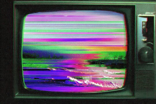 Glitchy purple and green vintage TV screen with colorful horizontal distortion and static art