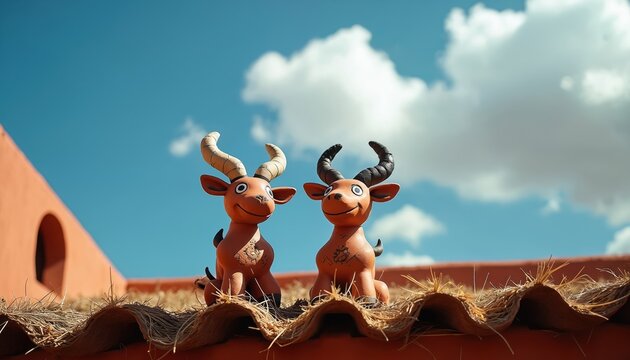 Two Pucara bulls, ceramic figurines, sit on a rustic tiled roof under a bright blue sky with white clouds. The terracotta animal sculptures have horns and friendly smiles, common decorative items.