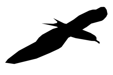 A black and white silhouette of a seagull flying in the sky against a clean white background.