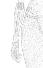 A robotic girl's wireframe hand holds a gun in a black and white drawing. The intricate design stands out against a clean white background.