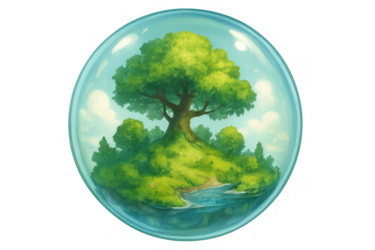 Green tree growing on island with river inside a glass bubble, illustrating environment protection and ecosystem