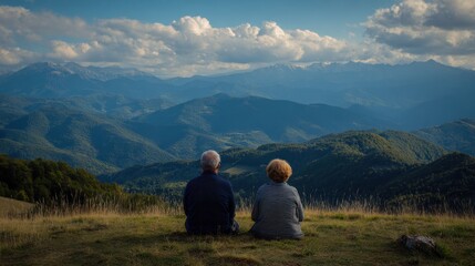 Seniors savor a calm moment while overlooking breathtaking mountain views in nature during a tranquil afternoon