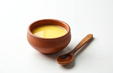 Close-up of golden cow ghee in ceramic bowl with wooden spoon on white surface. Natural product shot highlights purity, traditional Indian food preparation. Healthy cooking concept for wellness