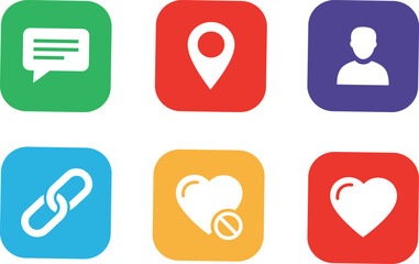Social interaction icon set, colorful square buttons with communication and emotion symbols, vector design for app UI and web templates
