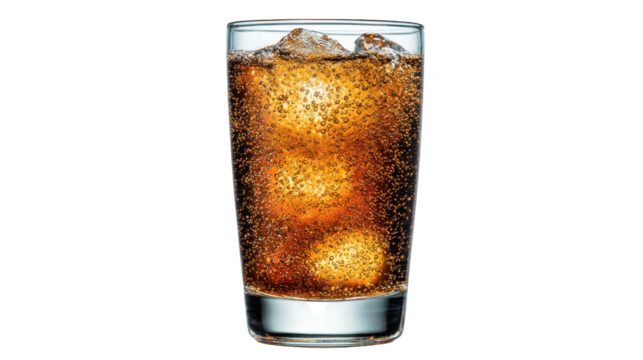 Cola glass with ice dramatic splash dynamic moment of cola splashing into ice filled beverage