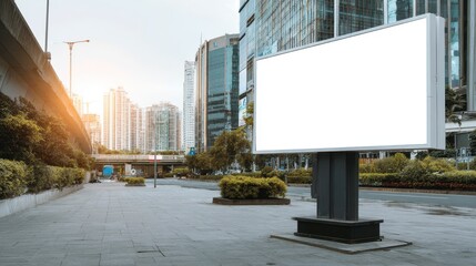 Obraz premium Blank billboard in busy urban street ready for advertisement display, surrounded by modern buildings and trees during late afternoon hours