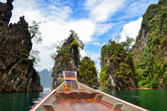 Three Sisters karst formation rocks on Cheow Lan Lake in Khao Sok National Park in Thailand, Asia,