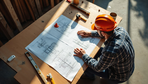 Man in hard hat reviews building blueprints on wooden table. Tools like level and hammer surround plans. Construction worker plans project, examines design details.