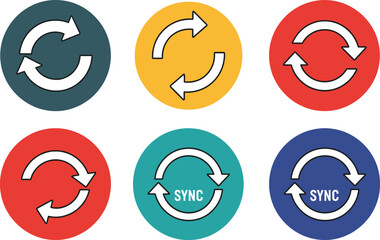 Sync icon set, colorful circular refresh symbols with text, vector design for UI, app, and digital interface templates