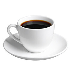 Aromatic Brew in a Porcelain Embrace: A pristine white porcelain cup, cradling a rich, dark elixir of coffee, rests serenely upon its matching saucer, capturing the essence of a simple pleasure.