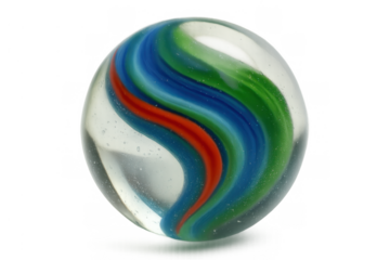 Colorful glass marble toy displaying vibrant swirling patterns, symbolizing games, play, and childhood memories on transparent background